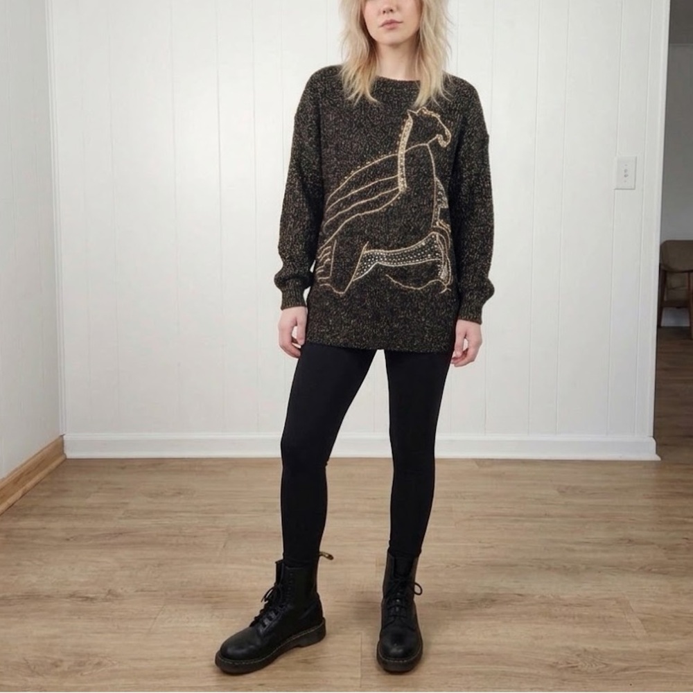 Vintage Kabri Black Metallic Long Tunic Horse Sweater Horses 1980s 1990s sequins